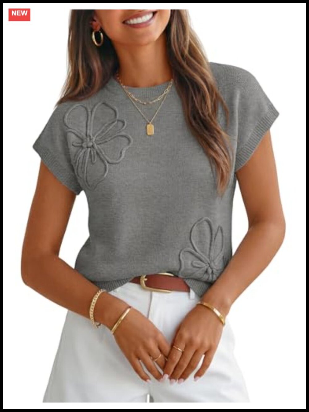 Women's 3D Floral Knit Pullover Sweater Cap Sleeve Crew Neck